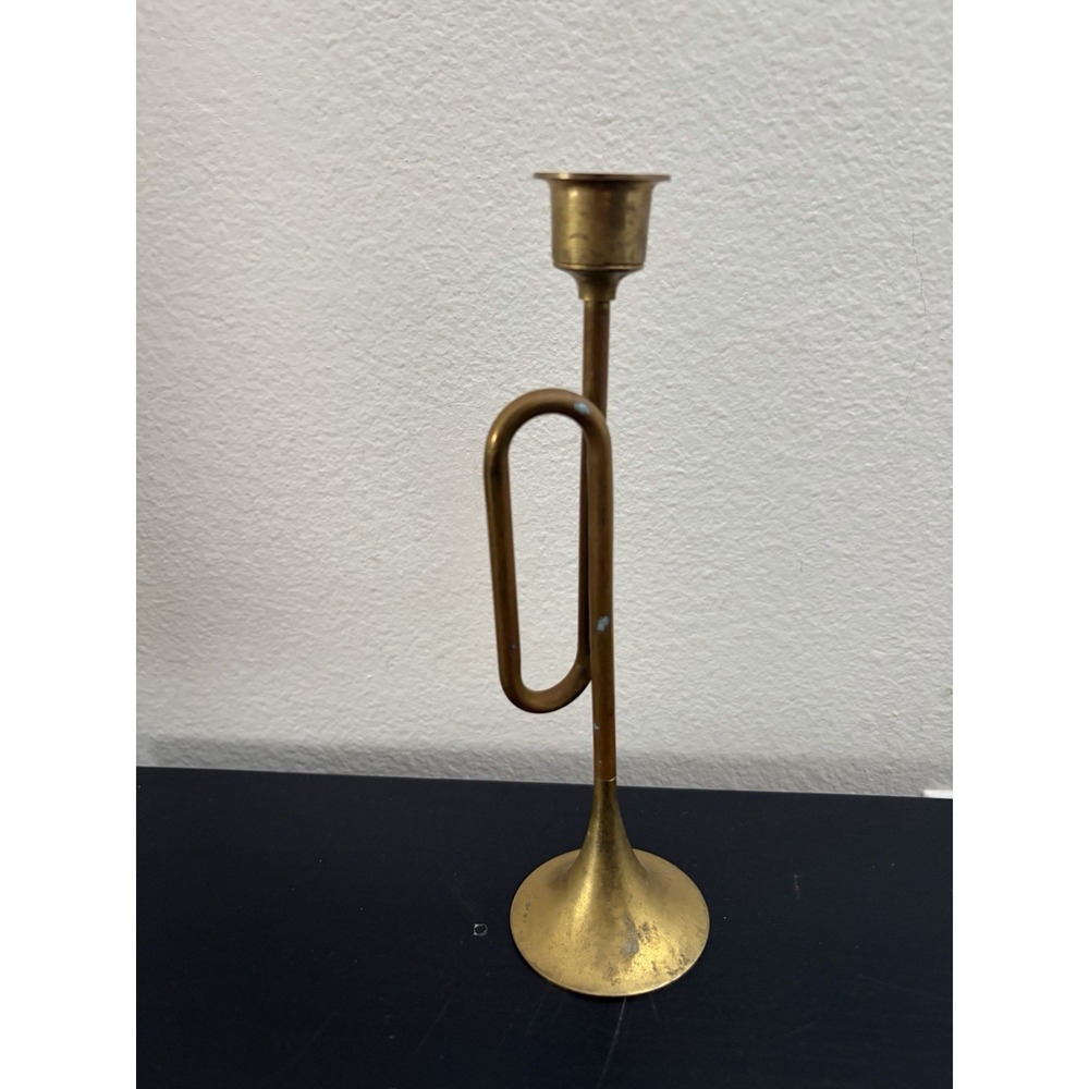 Vintage Brass Bugle Horn Trumpet Tapered Candle stick Holder 8'' Tall